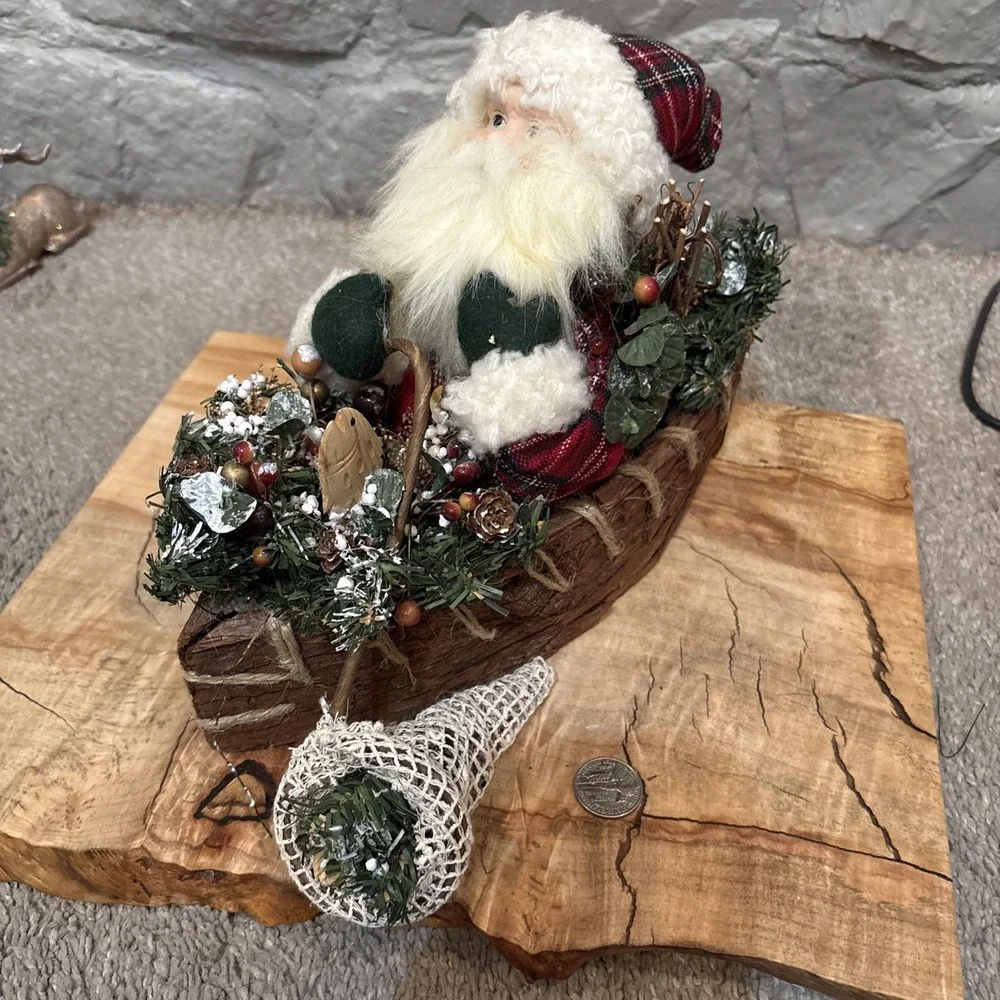Santa Claus Figurine In Canoe‎ With Gifts Rustic Winter Decor